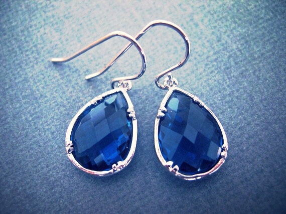 Sapphire Blue Glass Teardrop Earrings in White Gold Setting, Bridesmaids Jewelry, Bridal Jewelry
