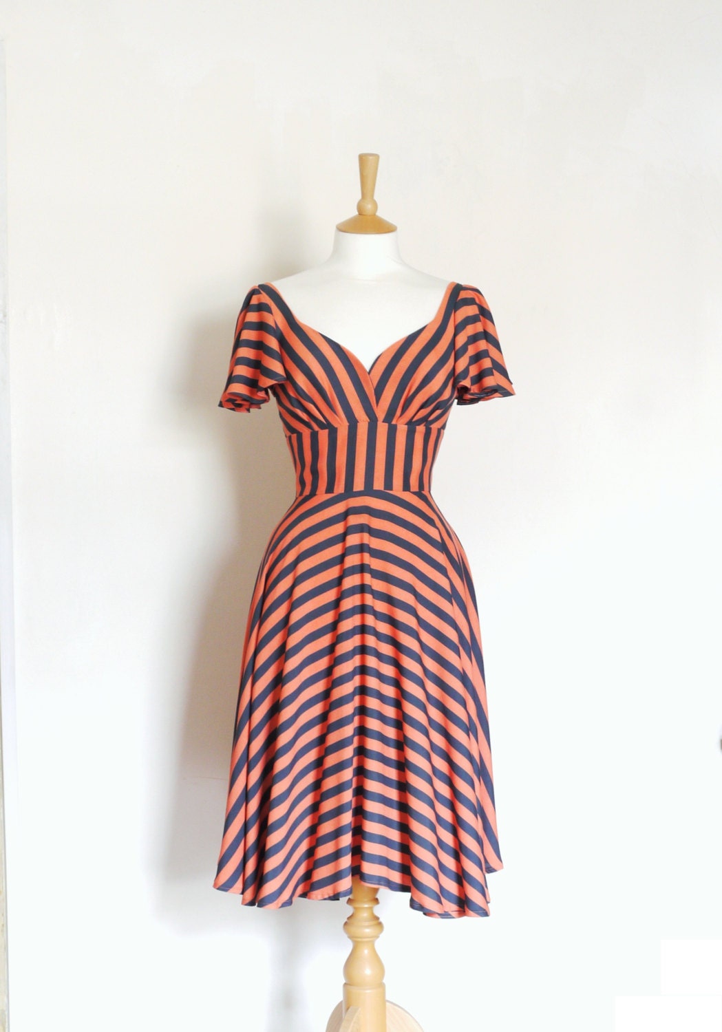 Coral & Slate Grey Striped Swing Dress - made by Dig For Victory