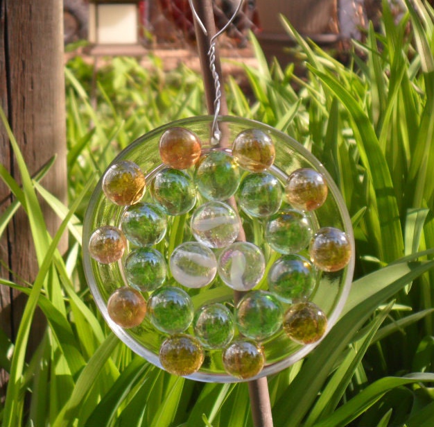 round glass glob suncatcher - green, yellow and white