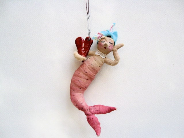 Ooak Spun Cotton Valentine Mermaid Caught with Love Pink Heart Vintage Ornament