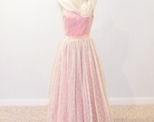 Vintage Prom Dress, 50s Pink Flocked Organza Formal Wedding Party Dress, 1950s Full Skirted Dress Vintage Wedding Small