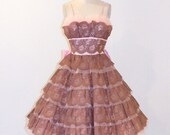 1950s Prom Dress, 50s Party Dress, Vintage Formal Wedding Dress, Pink Tulle & Scalloped Cocoa Brown Floral Lace Cupcake Dress, Tiered Skirt