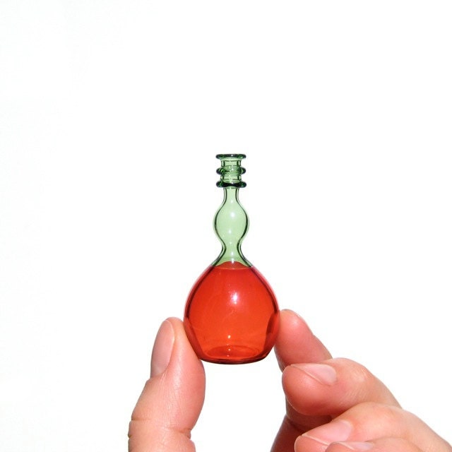 Miniature Bottle in Green and Red, Hand Blown Glass