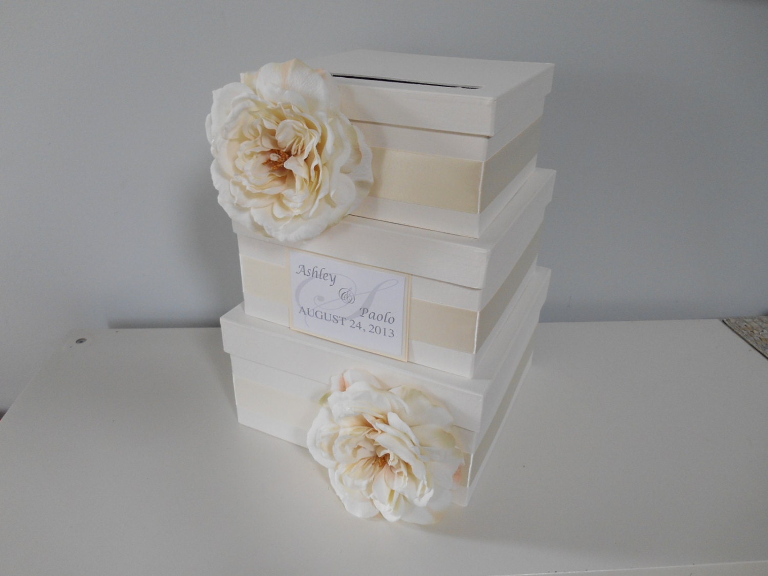 Vintage Glam Wedding Card Box Modern 3 tiered with ivory ribbon and roses with personalized tag You Customize Colors and Flowers