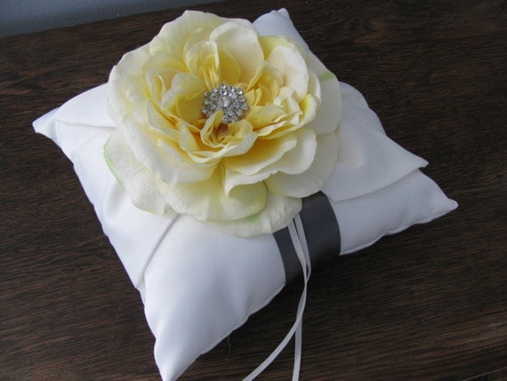 Ivory Wedding Ring Bearer Pillow with Large Yellow Rose Gray Ribbon with Rhinestone Center Can Customize