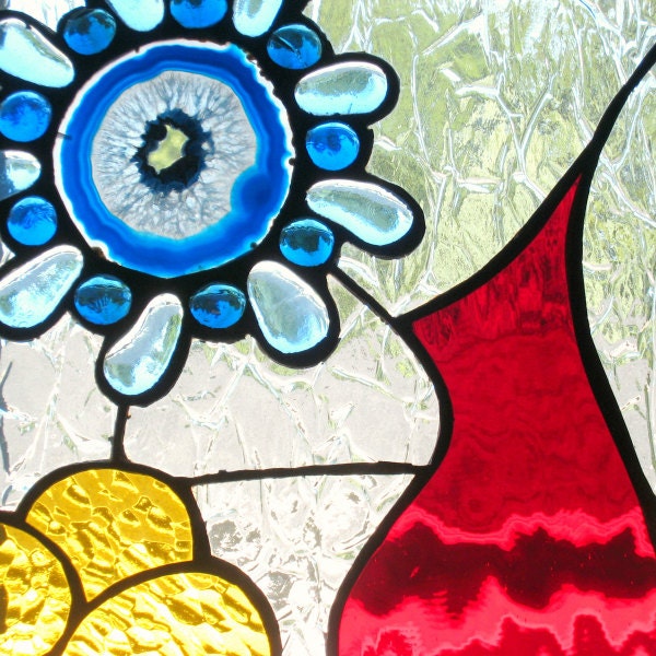 Stained Glass Window Panel Modern Flower Valentines Day Red Blue Yellow Handmade OOAK