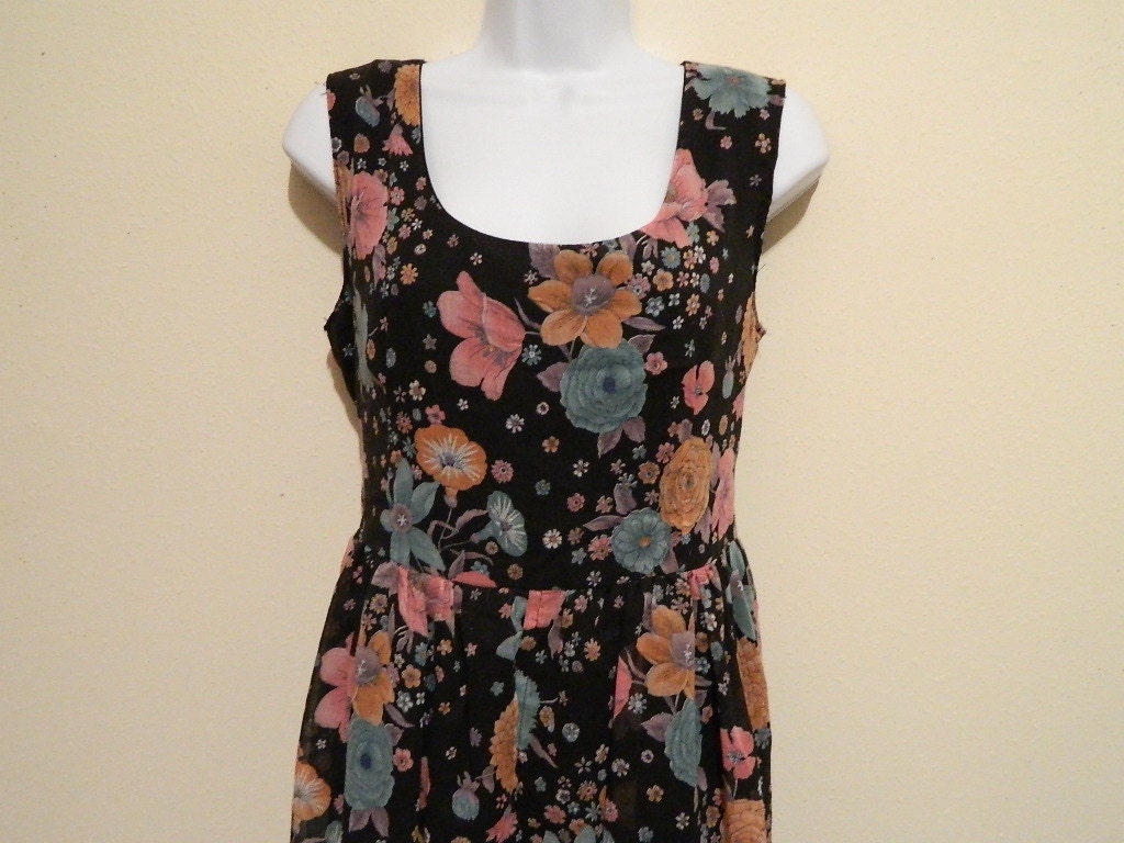 Ladies Size Medium Black Floral Sleeveless Dress Mid Length