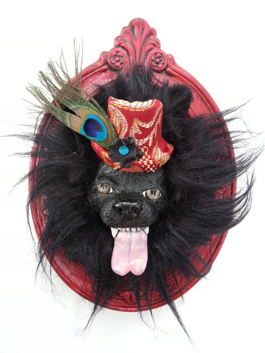 Black Pomeranian Dog with Top Hat Custom Portrait of your Pet 3-D Art Painting Darlene Schaper OOAK