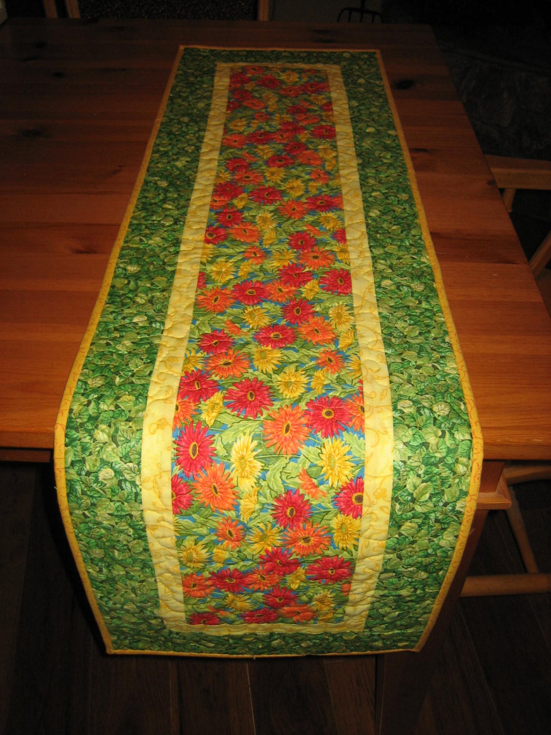 Quilted Table Runner Red, Orange and Yellow Flowers on Blue