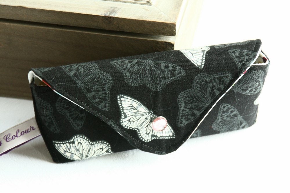 NEW Gift idea eyeglasses sunglasses case grey white butterflies on black