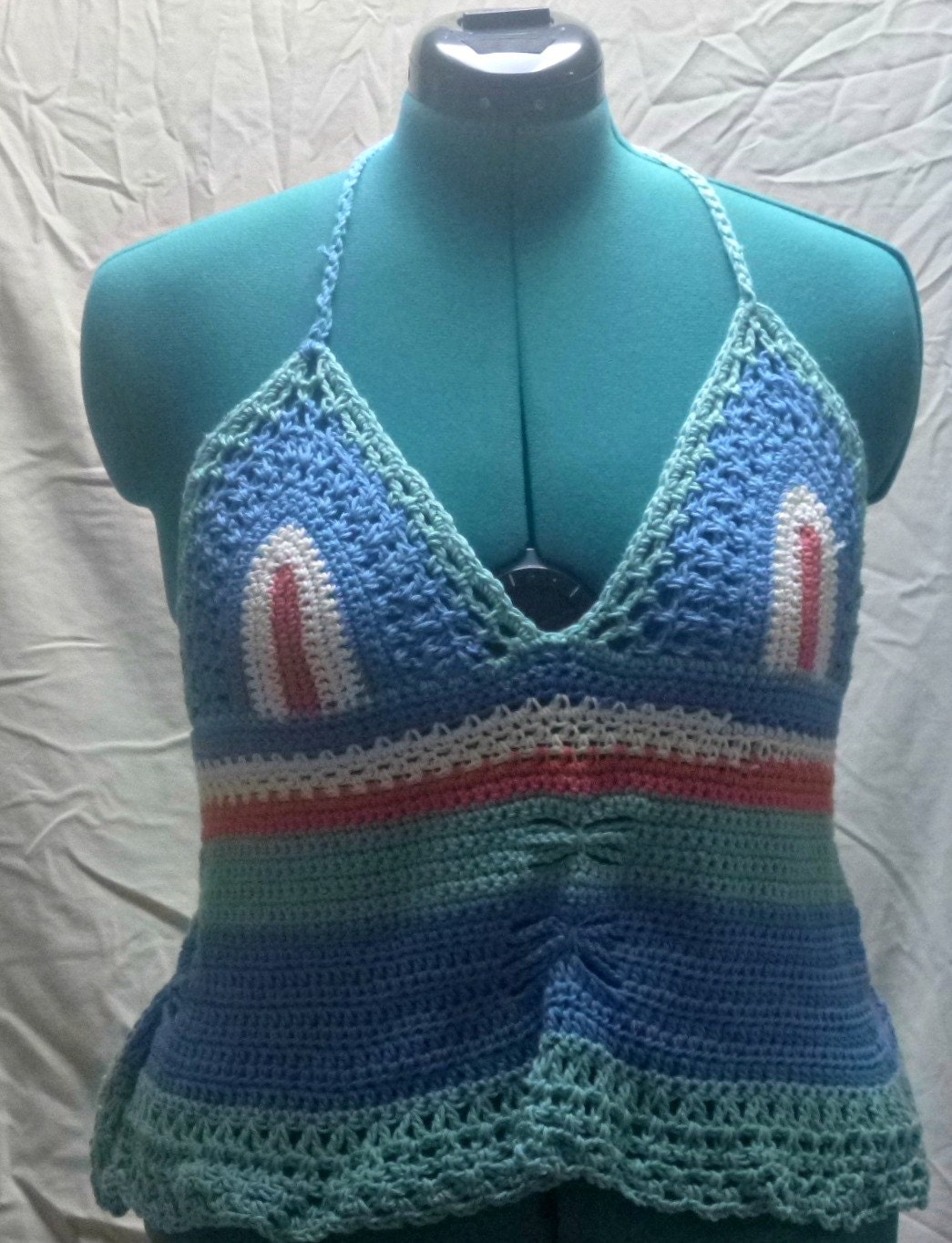 Ready for the Beach Crochet Halter Top Blue,Green, Coral, White