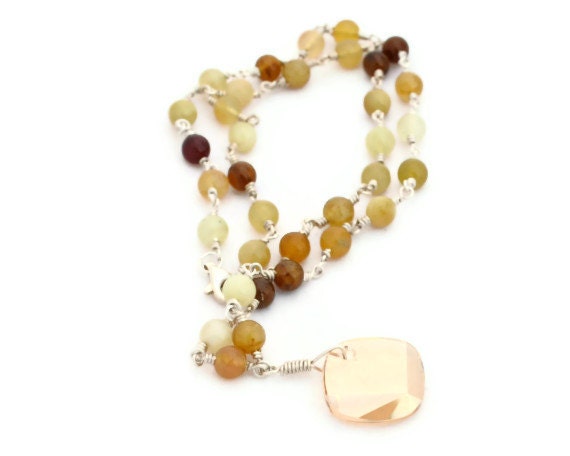 Natural Jade Gemstone and Swarovski Crystal Wire Wrapped Necklace