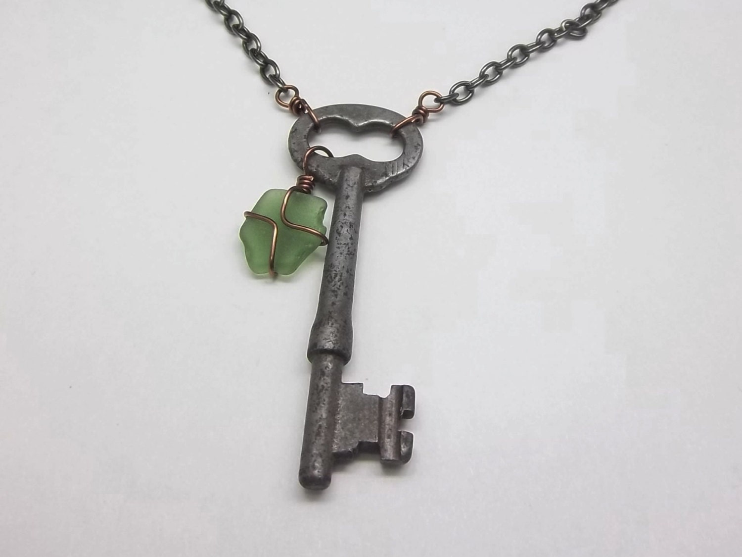 Skeleton Key And Green Beach Glass Necklace On A Gunmetal Chain Handmade