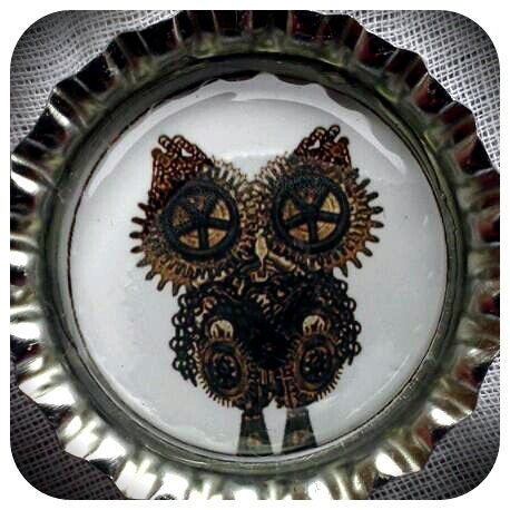 Steampunk Owl bottle cap magnet