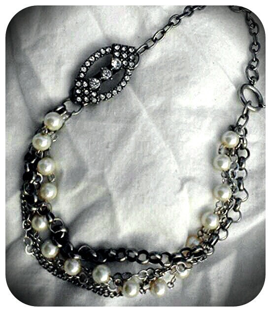 Industrial Chic Vintage Inspired Rhinestone Brooch and Pearls Multi Strand Necklace