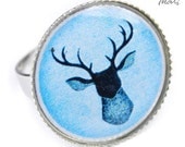 HIPSTER DEER in blue - original, adjustable RING, vintage style, photo-ring