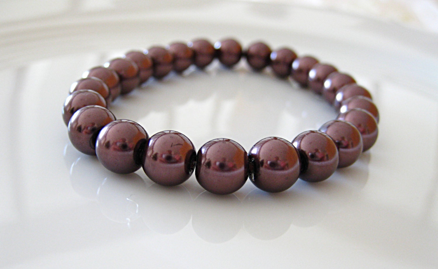 Burgundy Maroon Glass Pearl Elastic Stretchy Bracelet - Stacking Layering