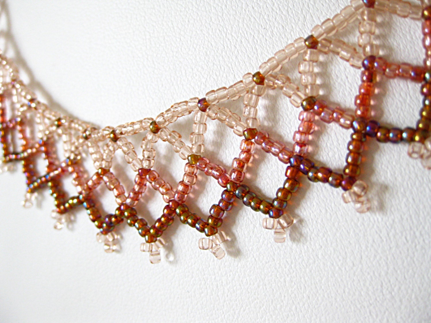 Pink & Brown Seed Bead Netted and Gold Chain Bib Necklace