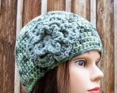 womens crochet hat ladies hat girls crochet hat beanie multi greens sage green flower youth to adult 6622