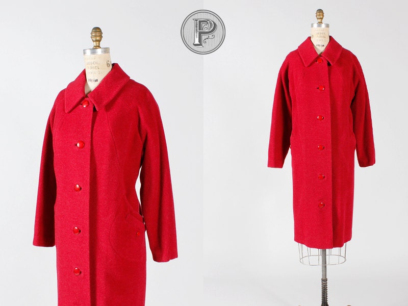 50s coat large xl / 1950s red wool swing coat : Ruby