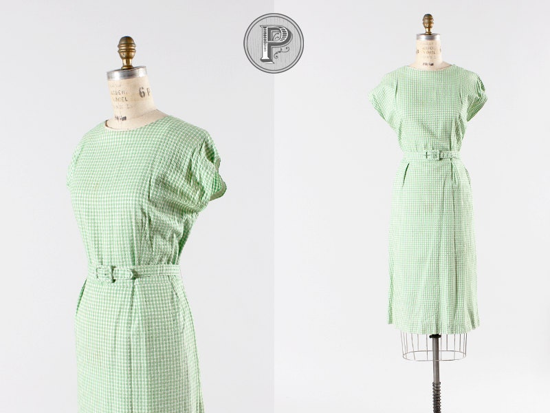 1960s dress large xl / 60s green seersucker dress : Vacation