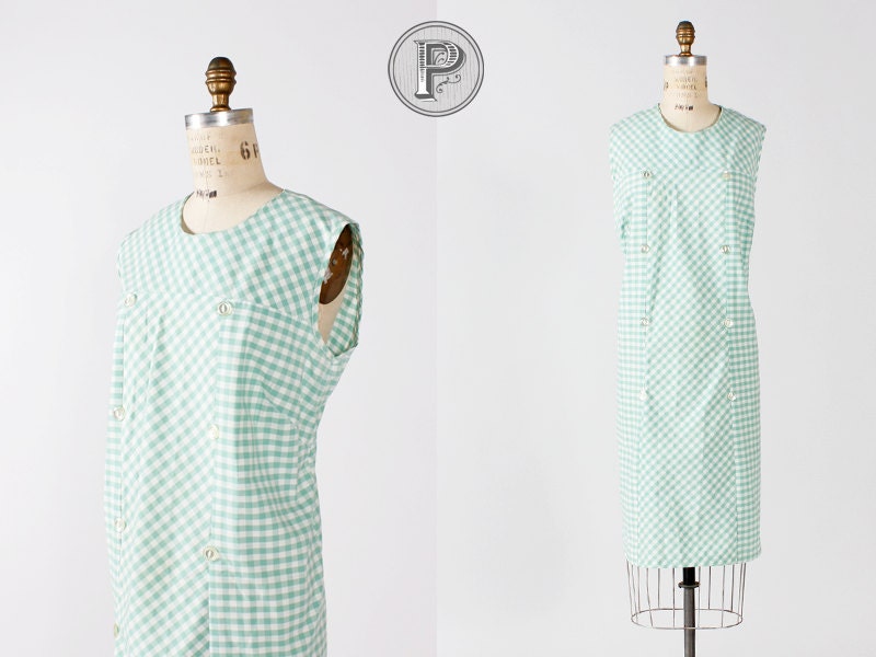 1960s dress plus size / 60s white and green gingham dress : Sno Cone
