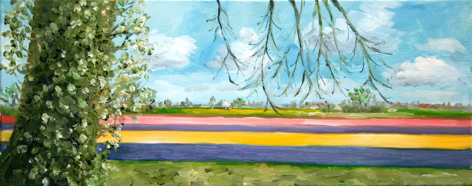 Dutch Landscape flowerfields Egmond Netherlands painting original ca.8x20x1,3 inches