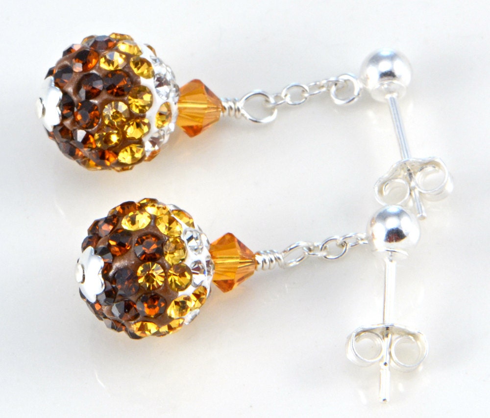 Amber, Topaz, and Silver Pavé Rhinestone Disco Ball Earrings
