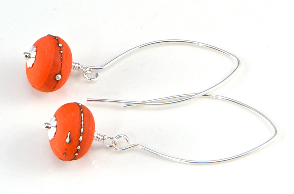 Coral Lampwork Beads and Sterling Silver Marquis Earrings