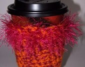 Crochet Coffee Cup Cozy in Orange and Pink, OOAK Coffee Cup Sleeve, Teacher's Gift or Stocking Stuffer for the Coffee Lover