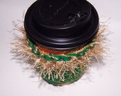 Crochet Coffee Cup Cozy in Green and Gold, Luck of the Irish Coffee Cup Sleeve, Teacher's Gift or Stocking Stuffer for the Coffee Lover