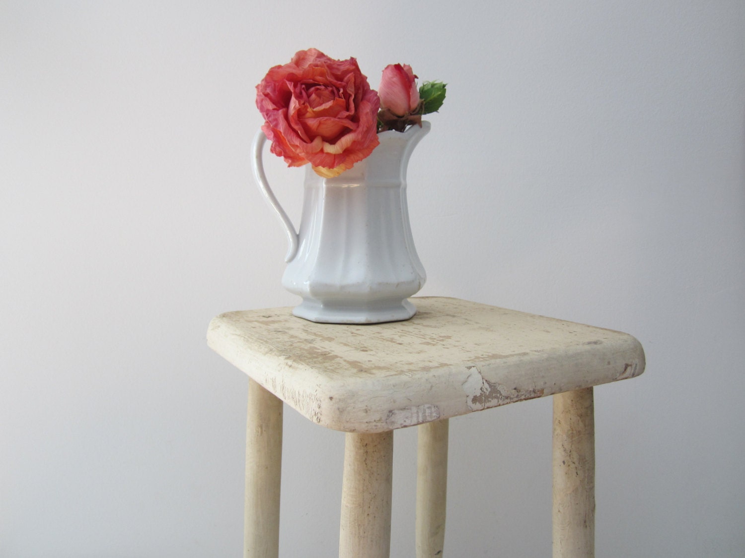 Vintage Painted White Wooden Stool  Shabby Chippy Cottage