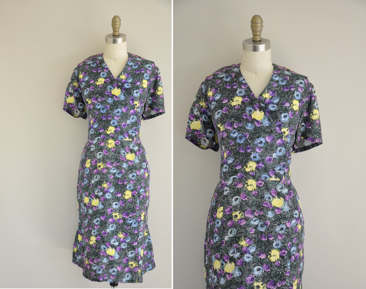 vintage 1950s dress / 50s silk plus size dress / 1950s floral dress / XXL
