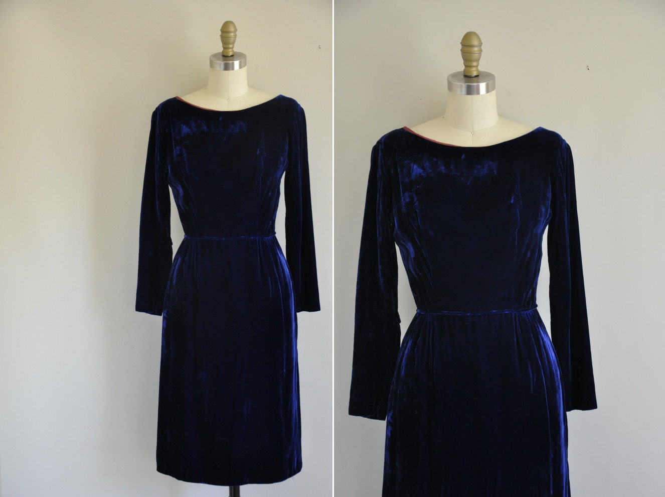 vintage 1950s dress / 50s royal blue velvet dress / 1950s party dress
