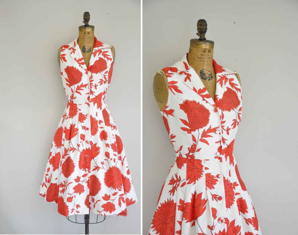 50s style dress / red flora silk print dress / picnic summer dress