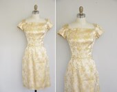 vintage 1950s dress/ 50s gold brocade cocktail dress / 1950s madmen wiggle dress