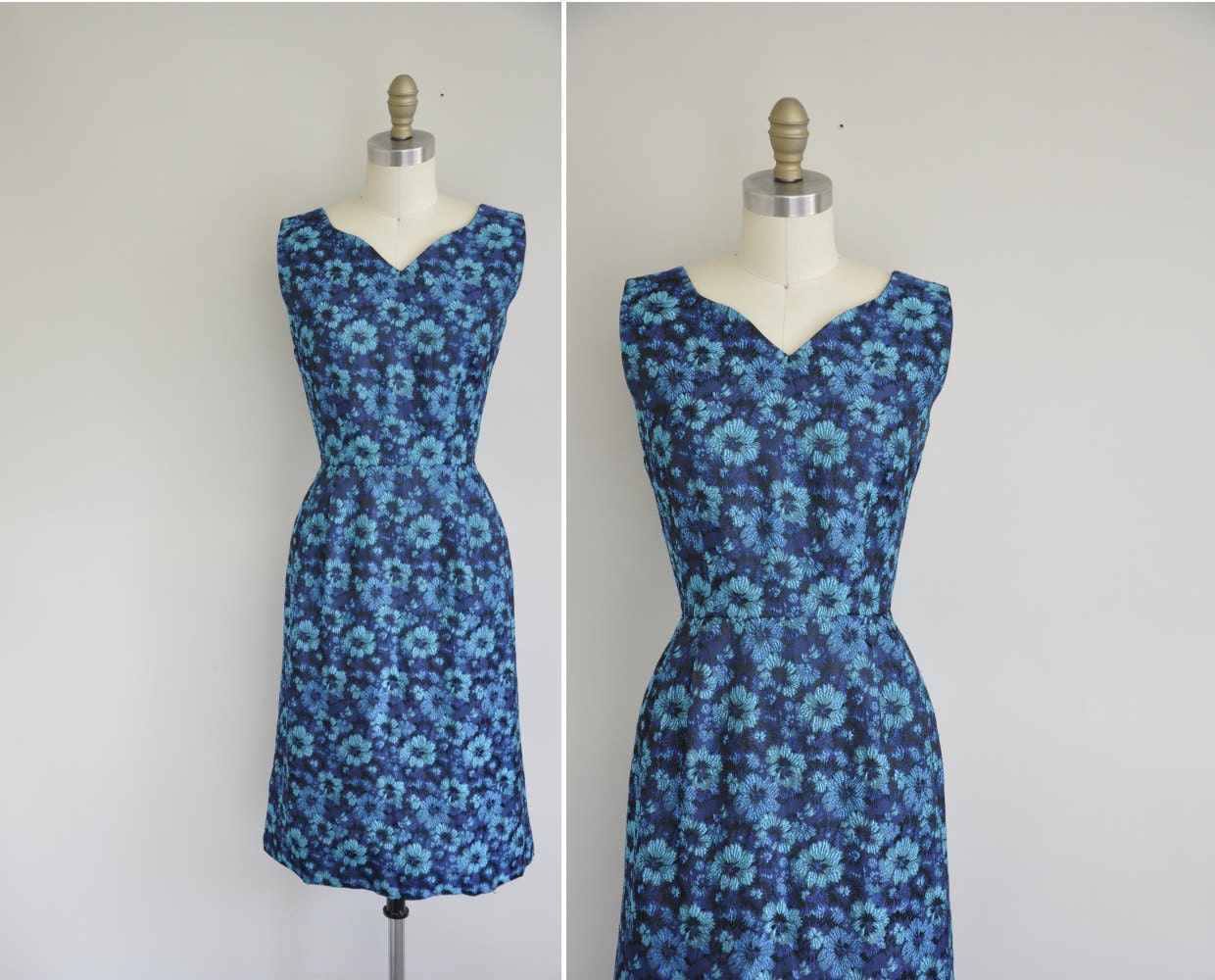 vintage 1950s dress / 50s blue shimmer floral dress / 1950s bombshell dress