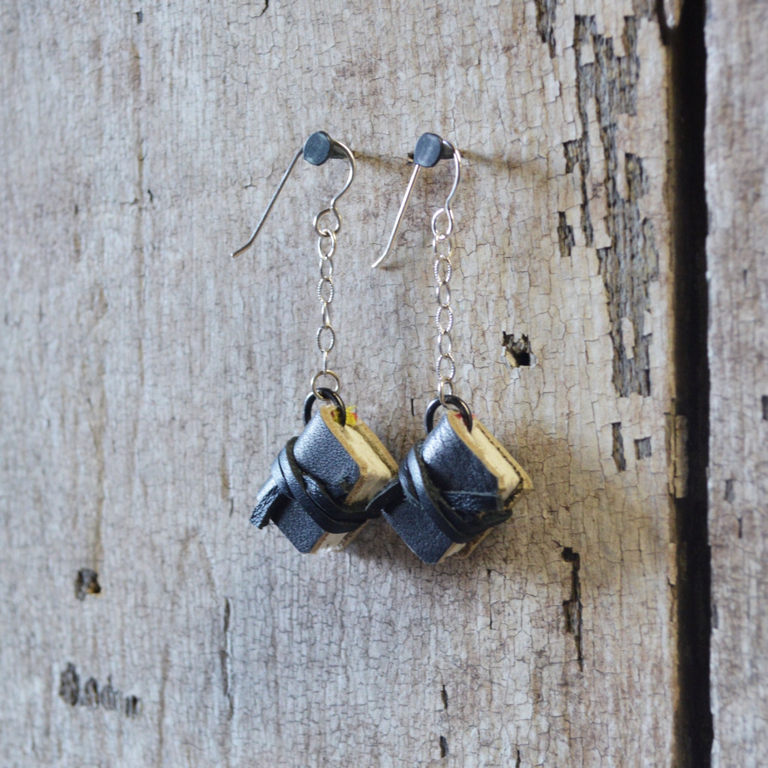 Book Earrings: Black and Grey reclaimed leather on silver