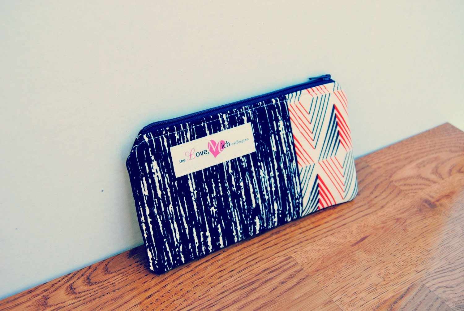 Medium Zippy Pouch - READY TO SHIP - Navy Sketchy with Navy and Orange Diamonds