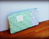 Medium Zippy Pouch - READY TO SHIP - Mint Tulips and Tan Damask