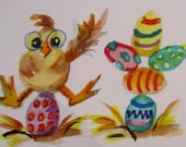 Whimsical Chick and Easter Eggs original watercolor Aceo