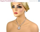 ON SALE Vintage Style Cubic Zirconia Bridal Necklace Earring Set, Pendant Necklace, Crystal Necklace with Drop Back