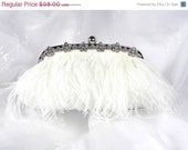 ON SALE Ostrich Feather Bridal Clutch Purse,  White Feather Clutch, Satin Wedding Clutch, Feather Wedding Purse with Rhinestone Trim