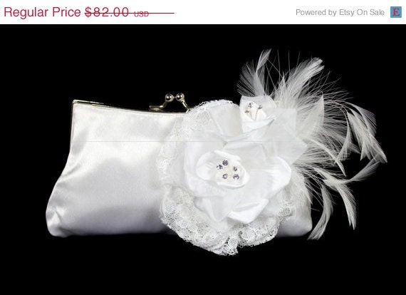 ON SALE Bridal Clutch, Vintage Style White Satin Bridal Clutch, Wedding Clutch Purse with Rose, Feathers, and Crystals