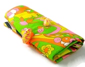 Crochet hook rollup storage or makeup brush organizer vintage mod fabric handmade