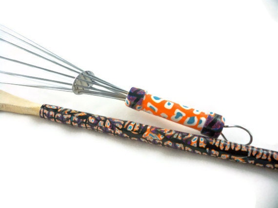 Wire whisk and spoon set kitchen tools handcrafted handles orange and aqua