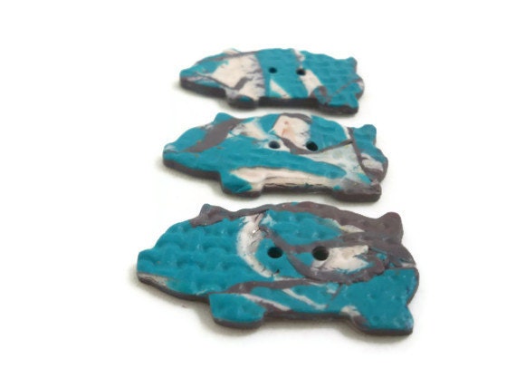 Three pigs buttons handmade aqua white gray textured clay