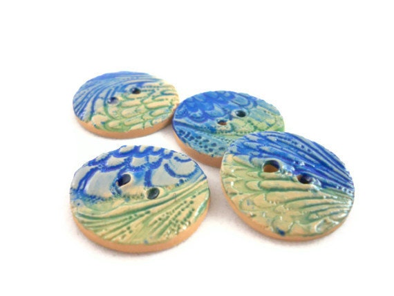 Button set peacock colors handmade clay unique textures