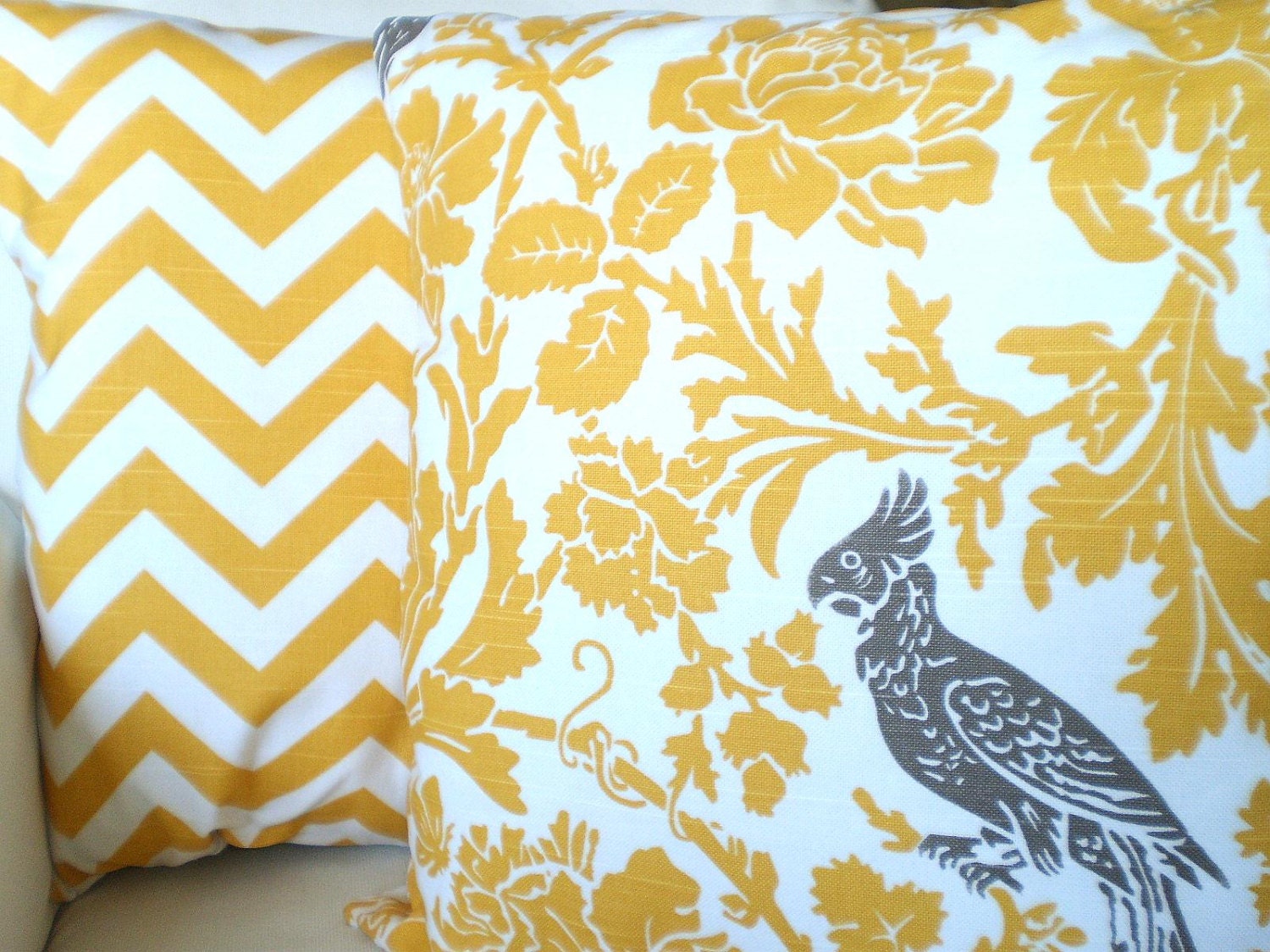 Pillows Decorative Pillows Accent Pillows Throw Pillow Cushion Covers Yellow Taupe Bird Chevron Zig Zag BOTH SIDES - Combo Set 18 x 18