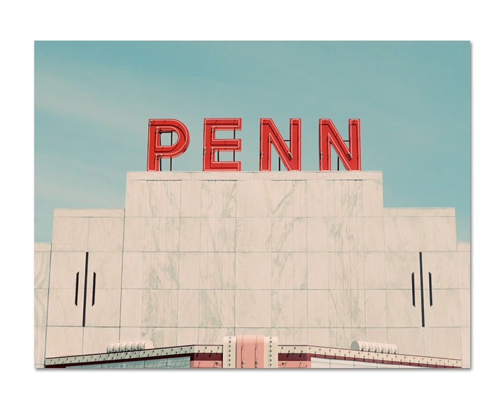 Travel Photography, Penn Movie Theater 5x7 Print, Blue Green Sky, Architecture, Red Letters,  Fine Art Photography, Vintage Sign Photo